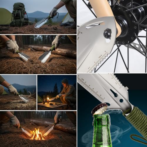 9‑in‑1 Mini Camping Shovel, Ultralight Backpacking Trowel Multitool - color: silver
