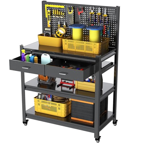 Metal Workbench, Mobile Work Table, Pegboard & Drawer, 1 Pack - size: 47.2"H x 33.5"W x 18"D with Drawers