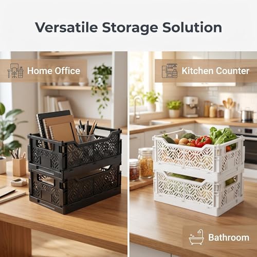 6-Pack Collapsible Plastic Storage Baskets, Stackable Bins with Label Slots