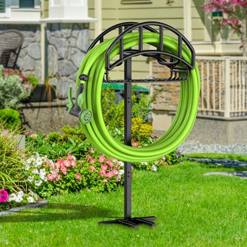 Garden Hose Holder - Upgraded Metal Reel With Tool Storage Basket | Heavy Duty Freestanding Water Hose Holder Holds 150ft, Detachable Storage Hanger for Outside - size: Arch Basket
