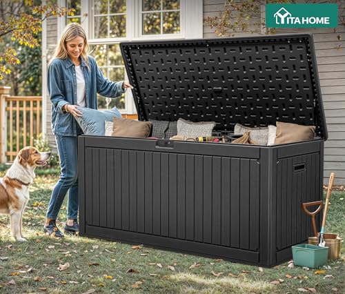 YITAHOME 320 Gallon Double-Wall Deck Box with Divider & Side Handles - color: Black, size: 320 gallon
