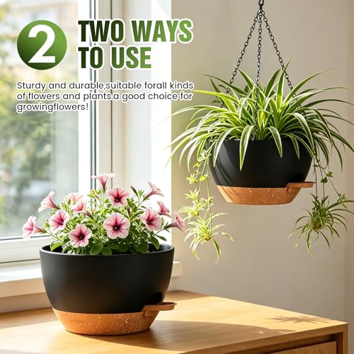 10 Inch Self-Watering Hanging Planters Set of 3 with Saucers - color: Black Brown, size: 10 Inch 3 Pack