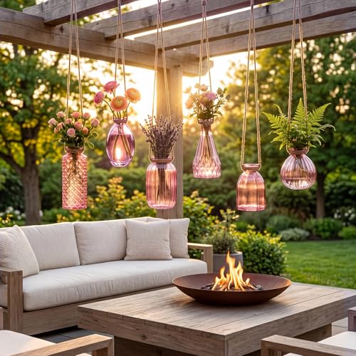 6 Pcs Stained Glass Hanging Propagation Vases, Pink - color: Pink Series
