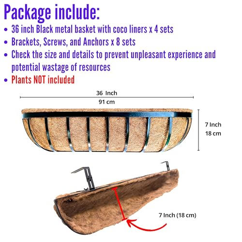 LaLaGreen Railing Planters Box (36", 4 Pack) Black Metal Rectangular Window Flower Box with Coco Liner, Extra Large Wall Hanging Planter for Outdoor Plants Deck Rail Fence Bracket Balcony Porch Decor - size: 36" (91cm) x 4 pack