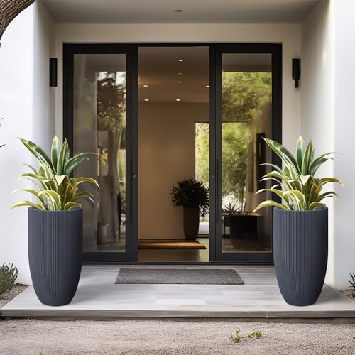 Kante Small Round Tapered Charcoal Concrete Planter 24" Tall, Outdoor - color: Textured Charcoal, size: 24" Tall