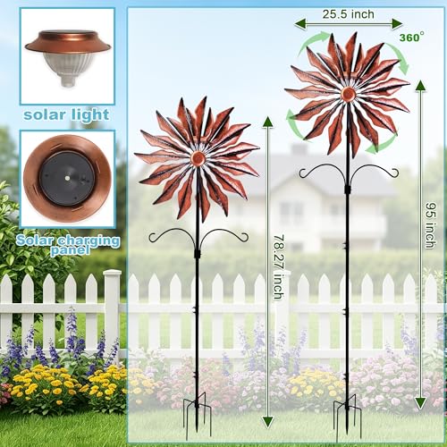 95 Inch Large Wind Spinner Outdoor Metal Garden Stake with Dual Hanging Hooks, Solar Powered Windmill Spinner for Yard & Patio, Heavy Duty Rustproof Kinetic Yard Art with Stable Ground Stake - color: Copper Blade