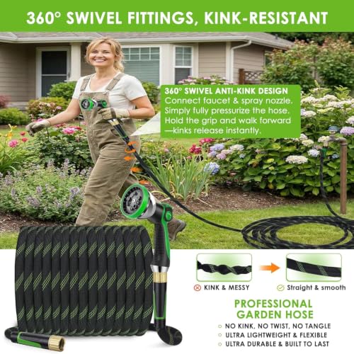 75 ft Non-Expanding Garden Hose, 360° Anti-Kink Swivel Fittings - color: Green, size: 75ft