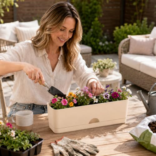 6 Pack Rectangle Planter 16x4.4 Inch Window Boxes Planters Rectangular Large Window Sill Planters Indoor Self Watering Plant Pots with Drainage Holes and Saucers Succulent Herb Flower Pots, Beige - color: Beige