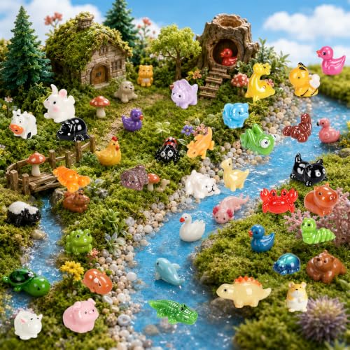 70 Pcs Mini Resin Animals and Ducks Bulk, 70 Different Tiny Animal Figurines to Hide, Miniature Resin Animal Figures for Fairy Garden, Dollhouse Decor, Crafts, Party Favors, Sensory Bin Toys