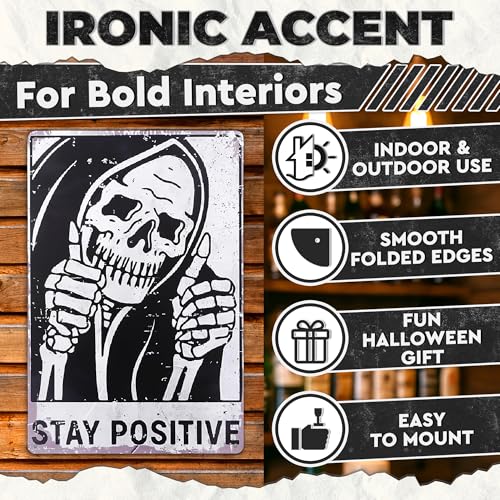 Stay Positive Skull Metal Sign, 8x12 In, Retro Funny Wall Art - color: Stay Positive