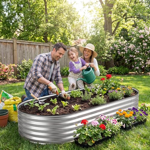 DUMOS Galvanized Raised Garden Bed, Outdoor Planter Box, 8x4x1ft - color: Silver (Oval), size: 8×4×1ft