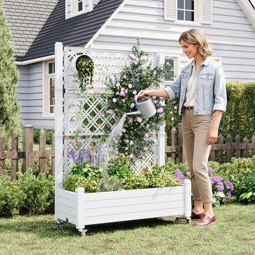 Elevated Raised Garden Bed with Trellis&Wheels,Ashen-61.2" h - color: Ashen, size: 61.2"h
