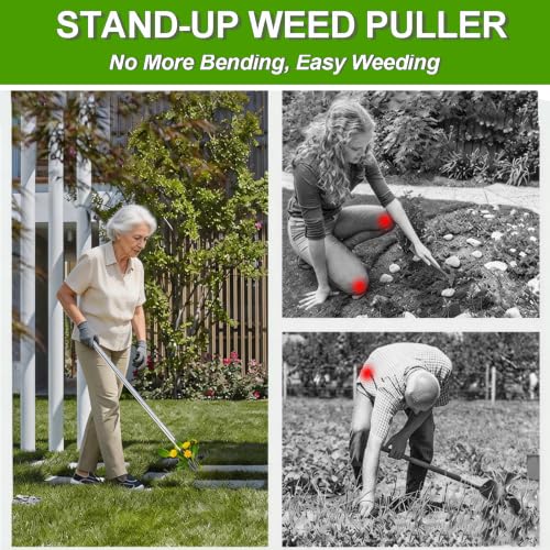 Stand Up Weed Puller Tool 2 in 1 Heavy Duty Manual Weeder & Garden Hoe, 4-Claw Steel Head Weed Remover with Gloves for Yard Lawn Patio Flower Bed
