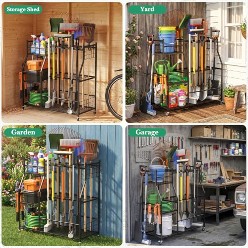 Faesun Garden Tool Organizer with Wheels for Garage,Extra Large Capacity Rolling Yard Tool Storage Rack,Holds 24 Tools + 10 Secure Slots, Heavy Duty Cart for Shed,Garden & Outdoor Use - size: Plus-Large Wheels