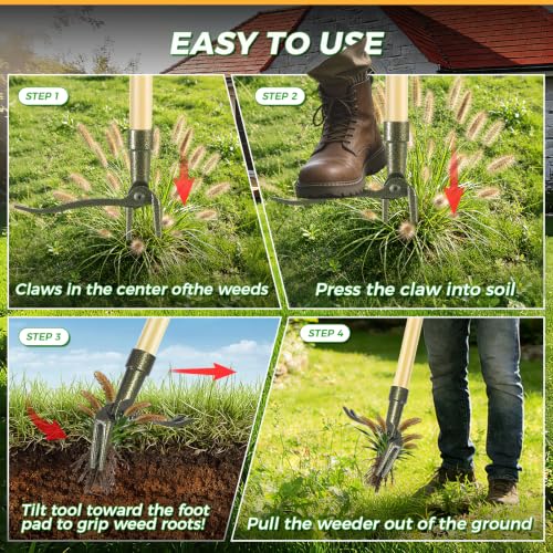 Weed Puller Tool, Stand Up Heavy Duty Weed Remover Tool with Long Handle – 4-Claw Steel Head Weeder for Dandelions, Bamboo Garden Hand Weeding Tool, No Kneeling for Easy Root Removal - color: Light brown