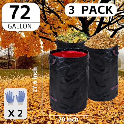 Reusable Lawn Leaf Bags, 72 Gallon 3Pack - Heavy Duty with Gardening Gloves & 4Handles - Camping Leaf Recycling Bags