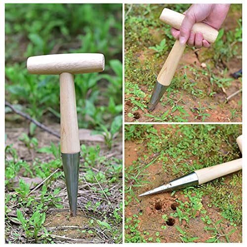 11" Stainless Steel Garden Dibber Bulb Planter with Wooden Handle, Bulb Planter for Sowing Seeds Transplanting Vegetable Flowers