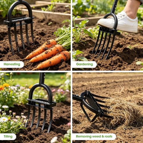 Broad Fork Garden Tool, 55" Heavy Duty 5 Sharp Tines BroadFork Hand Tiller Garden Pitchfork with Ergonomic Handles for Spading Digging Fork - size: Broad Fork 55Inch