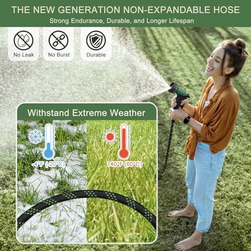 Garden Hose 100 ft, Non-Expandable Flexible Water Hose with 10 Function Spray Nozzle, Lightweight, Leak Proof, Kink-Free, Portable Hose for Outdoor, Yard, Lawn, High-Density Fabric, Black Green