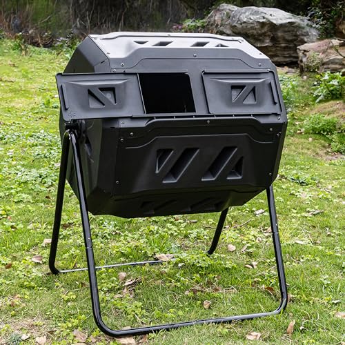 FixtureDisplays® 42 Gallon 28X24X36 Black Garden Waste Processing Bin, Dual Rotating Chambers, Outdoor Tumbler Design 15813NEW-NPF