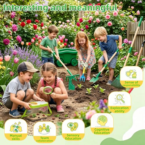 16Pcs Kids Gardening Tools,2-in-1 Kids Garening Wheelbarrow Toys - color: Dark green