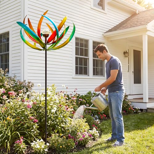 83-Inch Solar Wind Spinner Outdoor Metal, Kinetic Yard Art with Glass Globe - color: 83" Tulip