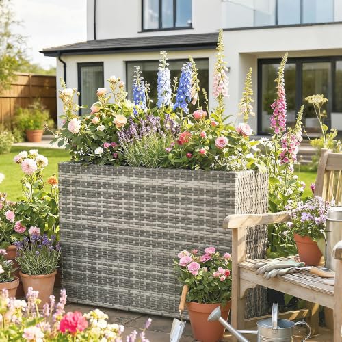 Outsunny Tall Rectangular Planter with Removable Liner PE Wicker Gray - color: Gray