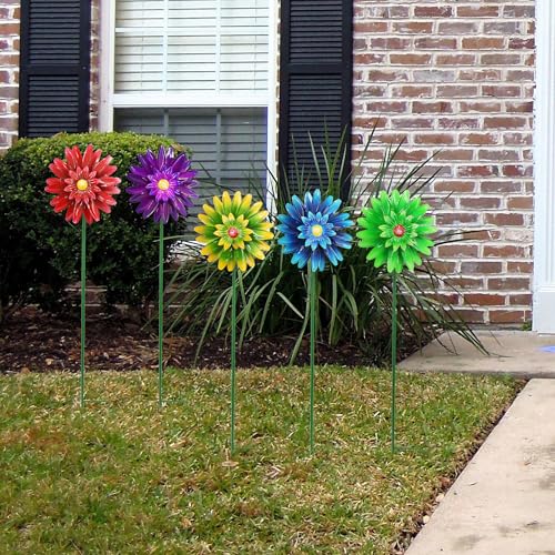 Metal Flower Wind Spinner Garden Stake Yard Art, Lawn Windmill Ornaments - color: Pink
