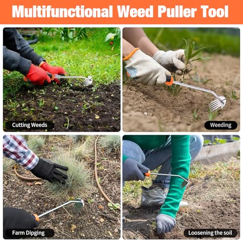 Weed Puller Tool, Portable Garden Weeder Tool, 2026 New Model Rubber Non-Slip Handle Stainless Steel 5-Teeth Weeding Tool, Garden Tools for Vegetable Gardening Backyard Farm Planting & Weeding Tool