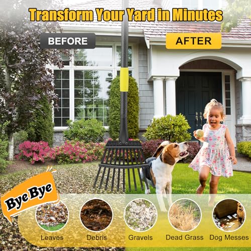 Leaf Rake: 8.5" Wide Heavy Duty Small Metal Garden Rake for Lawn Yard Garden Bed Leaves Debris Shrub Pine Needles Cleanup, 11 Metal Tines, Lightweight Kids Leaf Rakes, 72” Long Handle - style: 11 tines-6ft