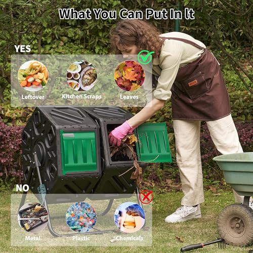 Compost Bin, 37-Gal Dual Chamber Composter Tumbler, Black Green