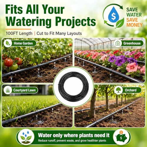 1/4 Drip Irrigation Tubing 100FT, Built-in 0.5 GPH Emitters, 6 Inch Spacing - size: 100FT