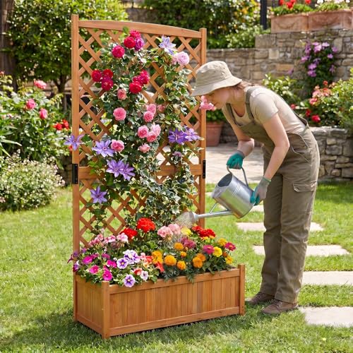 HAPPYGRILL 71" Raised Garden Bed with Trellis & Garden Box - size: 36” x 18” x 71”