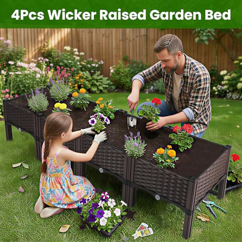 4Pcs Plastic Raised Garden Bed,62.4"×15.6"×14.4" Elevated Wicker Planter Box with Self-Watering System, Plants Garden Boxes with Legs for Growing Fresh Vegetables,Fruit,Flowers and Herbs - size: 4 Boxes-62.4×15.6×14.4in