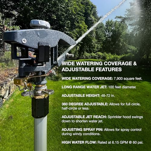 Heavy Duty Tripod Sprinkler 300003, Long Range Sprinkler with 100 FT Reach, 6 Feet Adjustable Tripod Height, 360ยฐ Range Control, for Farm, Lawn, Field, Orchard Irrigation by New England Garden Tools