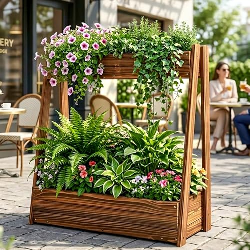 36" 2-Tier Freestanding Elevated Wooden Raised Garden Bed - color: 36" H Garden Bed-carbonized Wood Color
