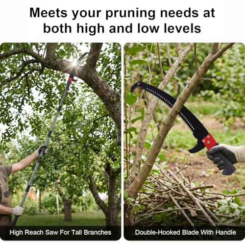 LEVELEVE Manual Pole Saw,4.6-9.8 ft Extendable Tree Pruner, Sturdy 6 Section Steel Pole,High Carbon Steel Double-Hook Blade,Branch Trimmer for Low & Medium Branches, Shrubs, Garden, Patio and Yard Use