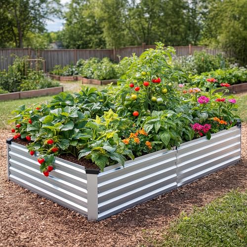 2 Pack 8x4x1FT Galvanized Metal Raised Garden Bed Kit for Vegetables, Herbs, Open-Bottom Large Capacity Outdoor Planter Box Gardening Stakes, Silver - size: 8x4x1FT(2PCS)
