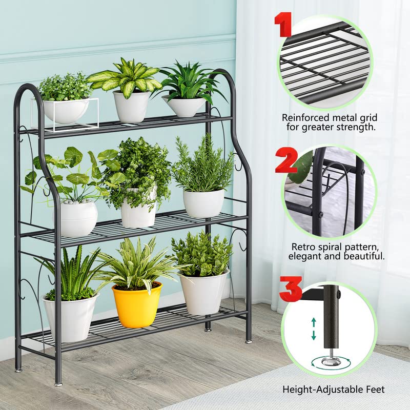 SORCEDAS Plant Stand Indoor Outdoor 3 Tier Metal Corner Flower Shelf - size: 3 Tier-Dark Grey