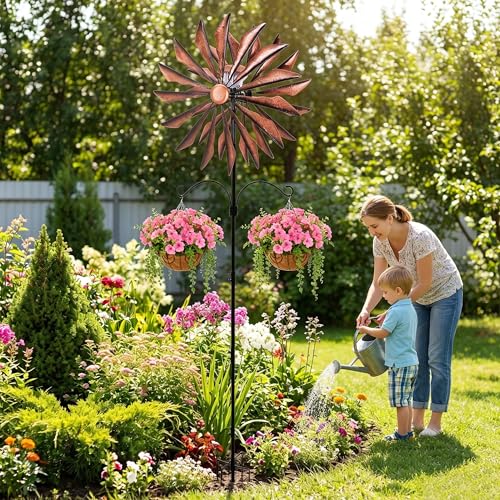 95 Inch Large Wind Spinner Outdoor Metal Garden Stake with Dual Hanging Hooks, Solar Powered Windmill Spinner for Yard & Patio, Heavy Duty Rustproof Kinetic Yard Art with Stable Ground Stake - color: Copper Blade
