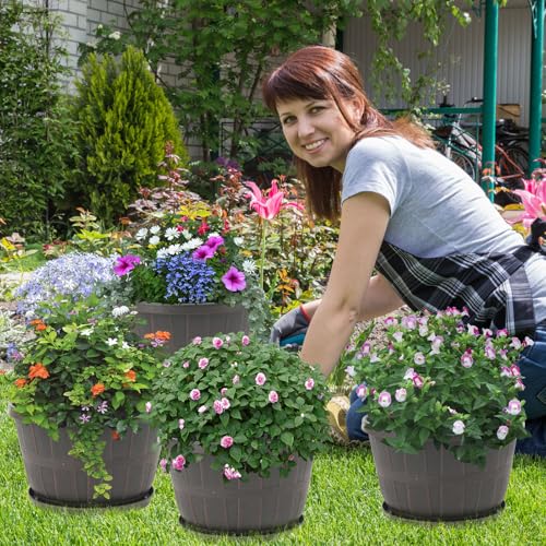 Quarut 4 Pack 10 inch Flower Pots,Plastic Plants Pots Outdoor - color: Brown, size: 10 inch-4 pack