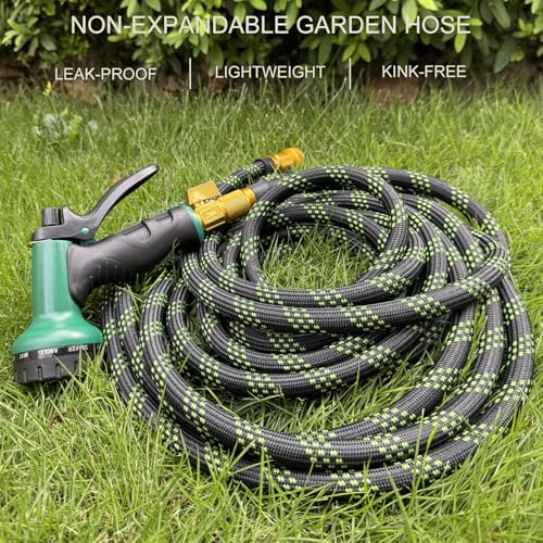 Garden Hose 100 ft, Non-Expandable Flexible Water Hose with 10 Function Spray Nozzle, Lightweight, Leak Proof, Kink-Free, Portable Hose for Outdoor, Yard, Lawn, High-Density Fabric, Black Green