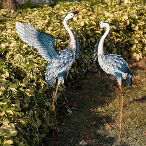 TERESA'S COLLECTIONS Garden Decor, Set of 2 Herons Garden Decor, 23-25", Elegant Herons with Blue Painting, Waterproof Metal Garden Statue, Birthday Gifts for Women Mom - size: Medium