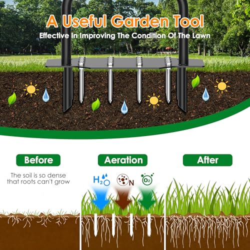 2-in-1 Lawn Aerator, Heavy Duty Manual Core Aerator Lawn Tool with 16 Iron Spikes & 4 Hollow Tines Garden Tools for Yard Grass Soil