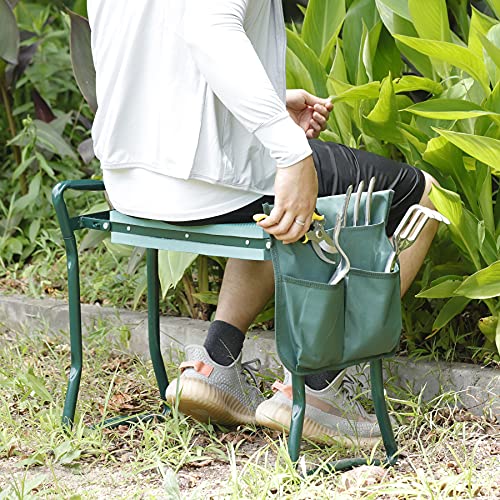 Folding Garden Kneeler Seat Garden Bench Stool with Handles, Multi-use Pouch, Heavy Duty Yard Gardening Chair with Soft Kneeling Pad,Green