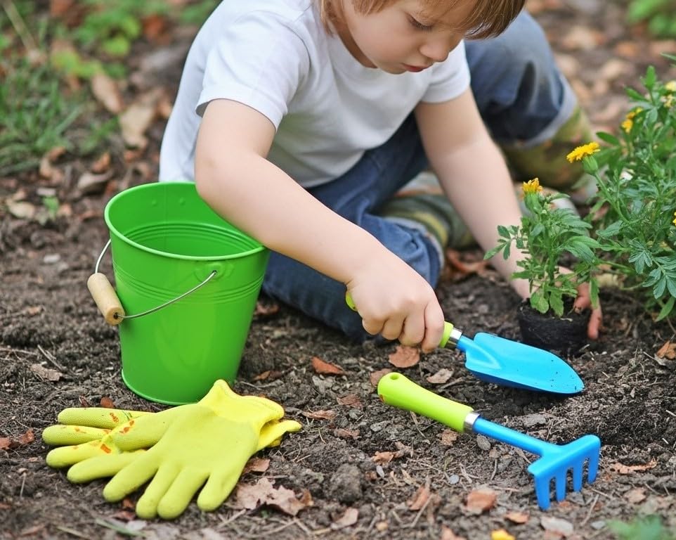JustForKids Kids Garden Tool Set, 2 Pack STEM Educational Gardening Kit with Wooden-Handle Metal Pails, Plastic-Handle Shovel, Rake & Cultivator, Outdoor Toys & Gift for Toddlers Boys Girls Ages 3-8 - style: 2 Pack of Green and Blue Water Pails + Small To