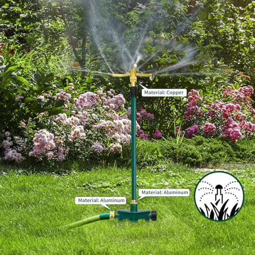 3-Arm 360° Rotating Garden Sprinkler, 2 Pack Telescoping Sprinkler with Spike, Brass Garden Lawn Water Sprinkler for Large Area up to 40 Inches