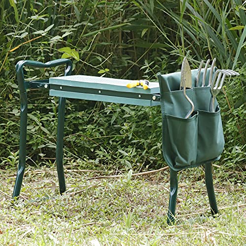 Folding Garden Kneeler Seat Garden Bench Stool with Handles, Multi-use Pouch, Heavy Duty Yard Gardening Chair with Soft Kneeling Pad,Green