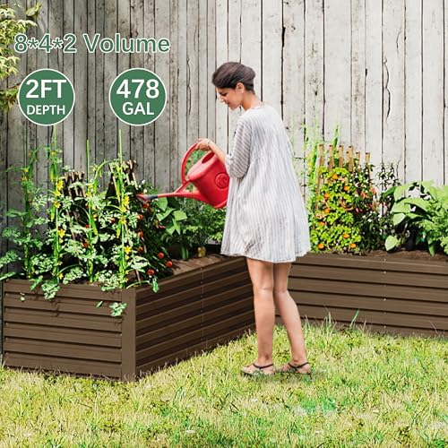 FOOWIN 8x4x2ft Raised Garden Bed Outdoor, Galvanized Steel Garden Beds - color: Brown, size: 8x4x2 FT-4PC