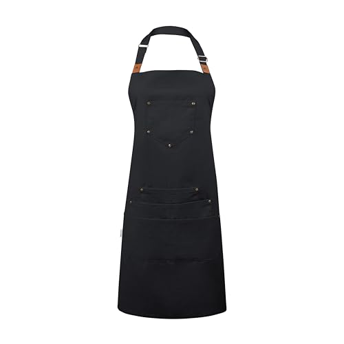 Cotton Canvas Apron for Women & Men – Adjustable Neck Strap & Waist Ties with Pockets - color: Black